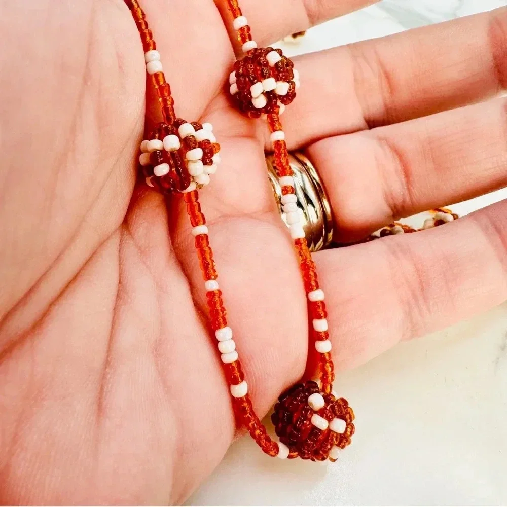 Vintage Beaded Station Necklace Very Long 62” Burnt Orange Polka Dot Est…